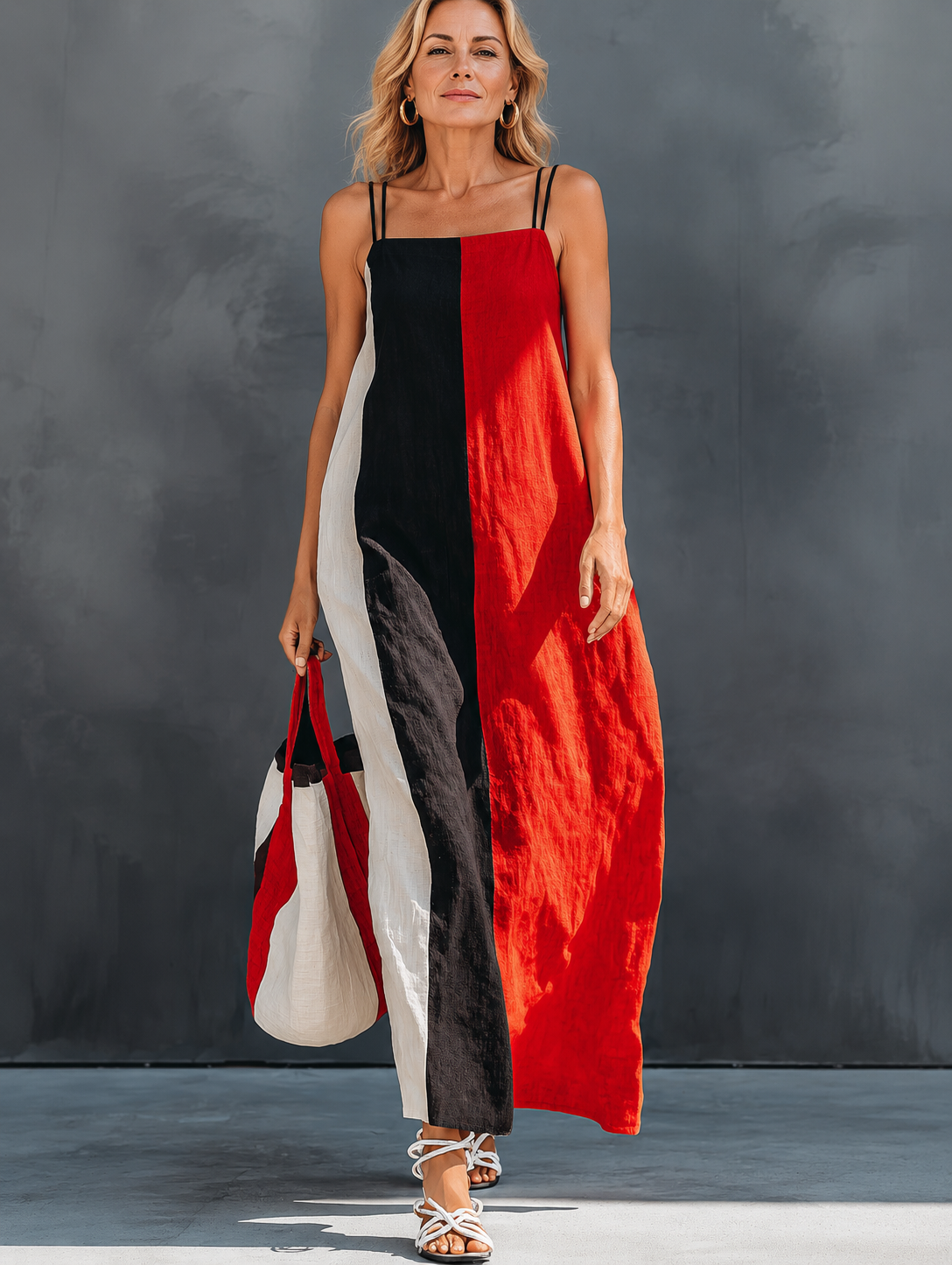 Helena | Color-Block Linen-Blend Maxi Dress
