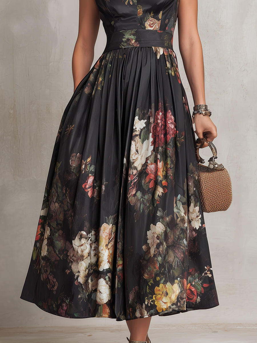 Violetta - Black Midi Dress in Pleated Satin