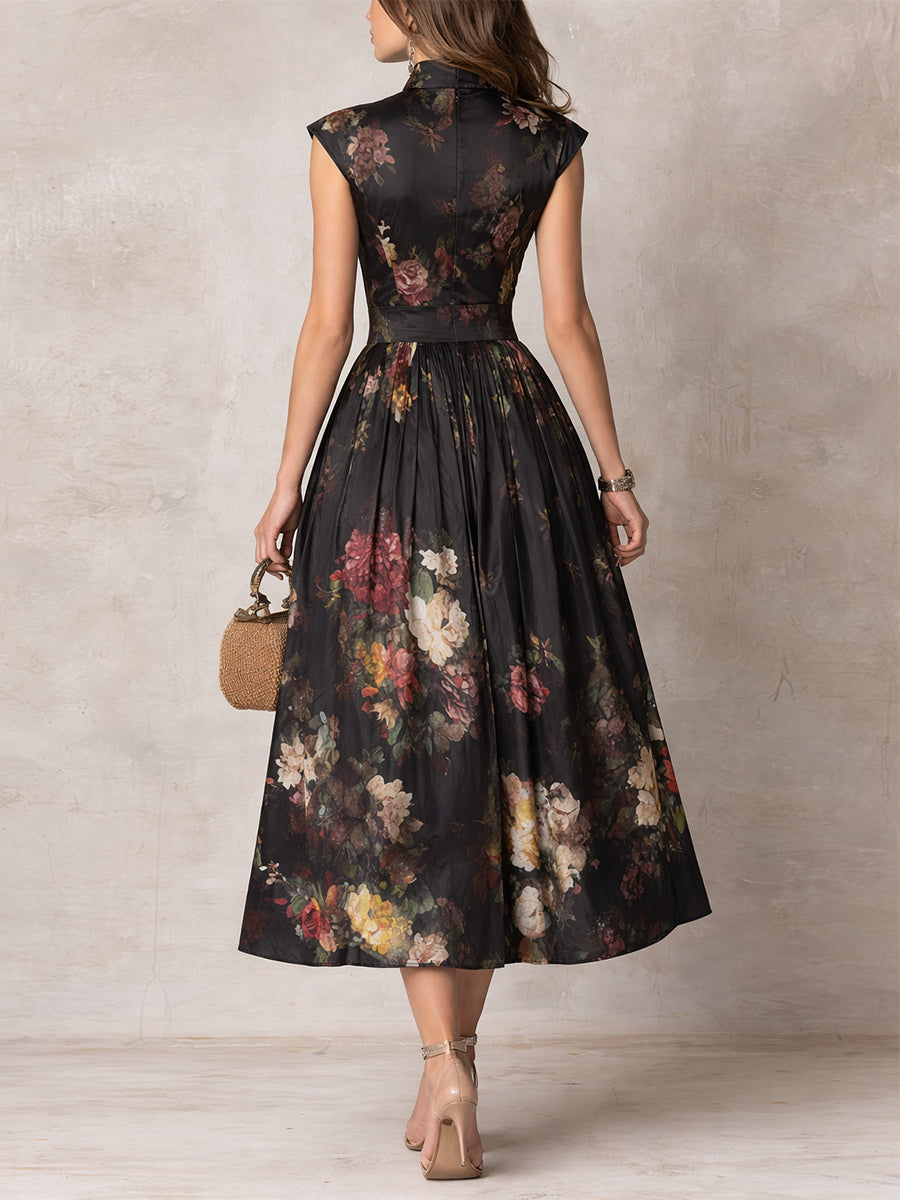 Violetta - Black Midi Dress in Pleated Satin