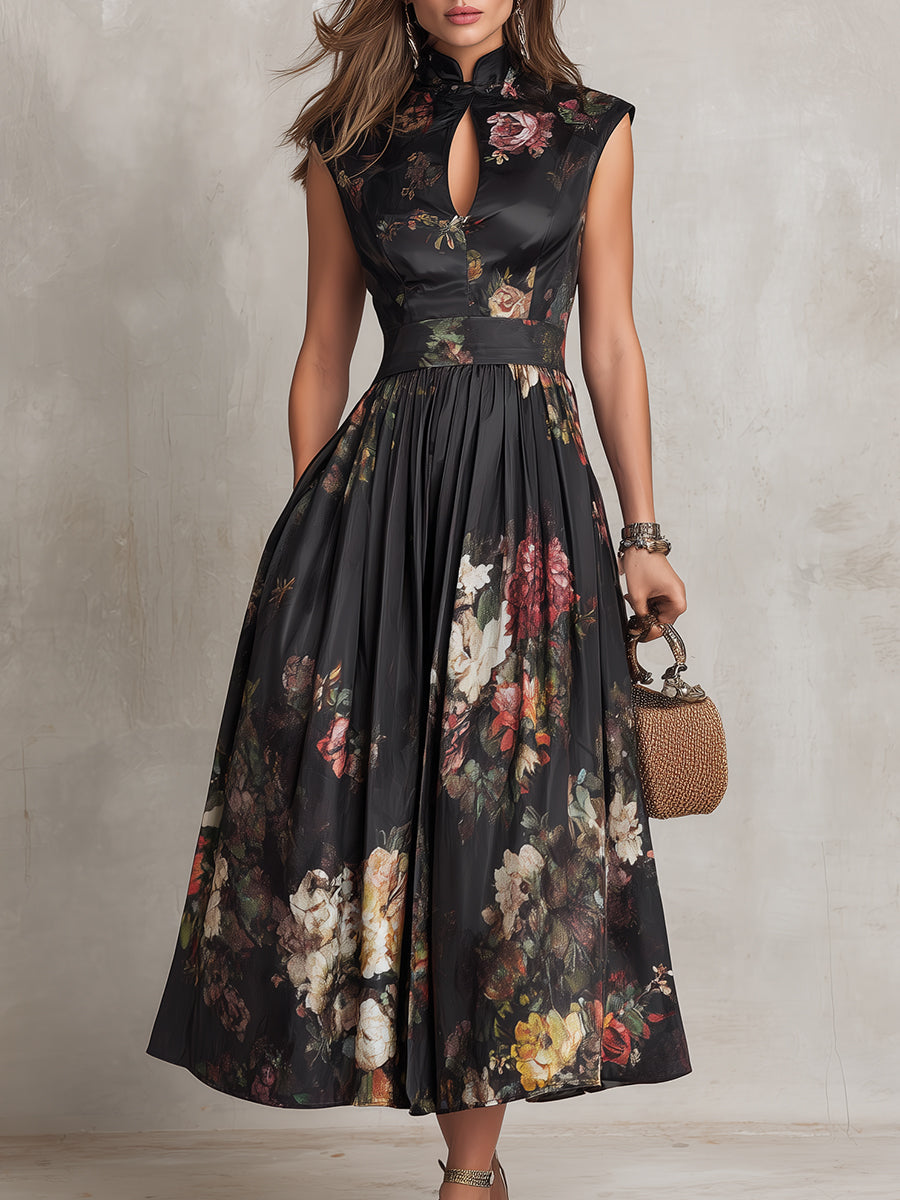Violetta - Black Midi Dress in Pleated Satin
