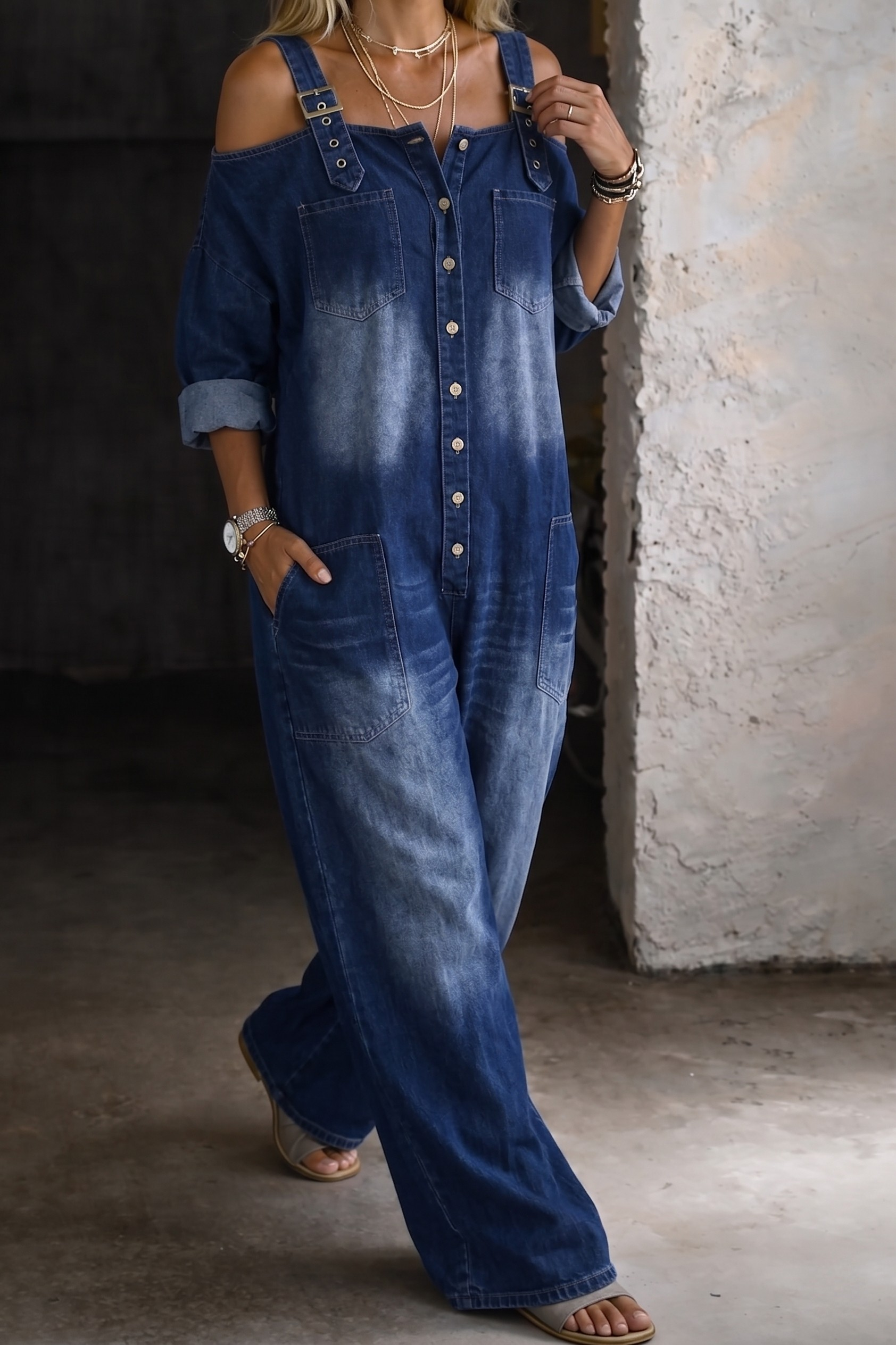 Sophia | Denim Jumpsuit with Exposed Shoulders